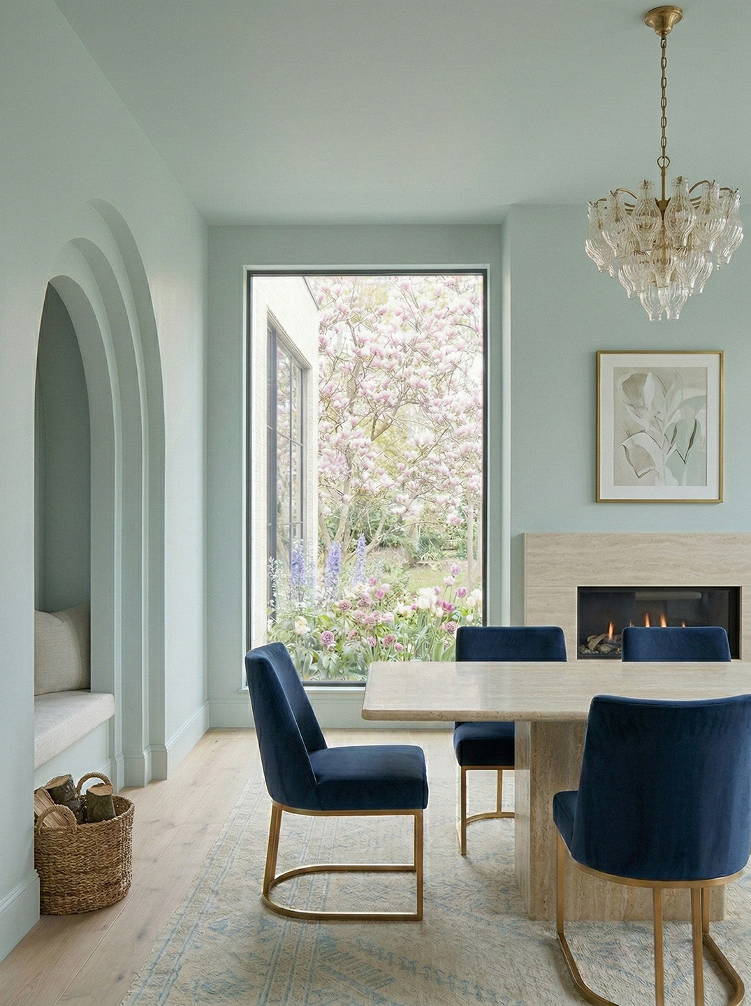 soft green blue painted modern dining room, painted in eucalyptus veil paint
