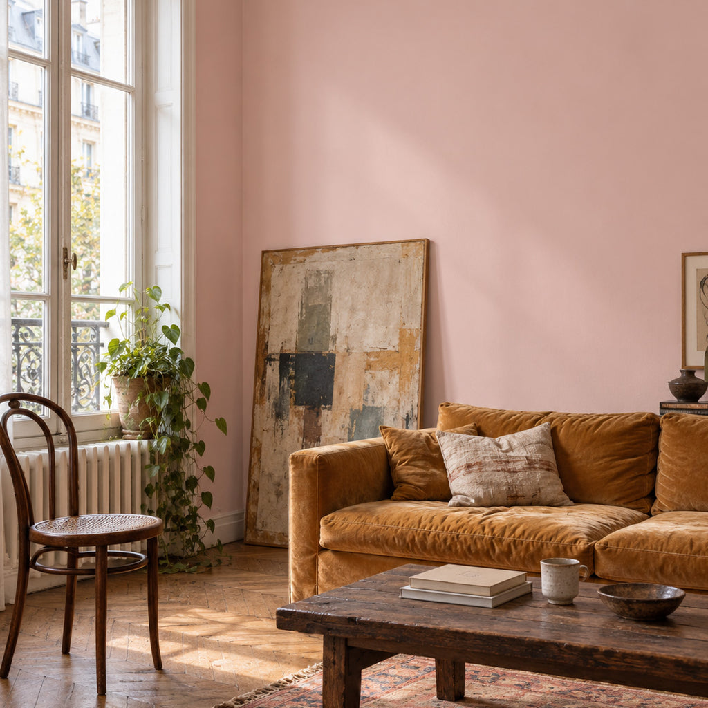 Parisian living room with Poudre Rosé warm blush pink walls, an ochre velvet sofa, vintage rug and weathered wood coffee table.