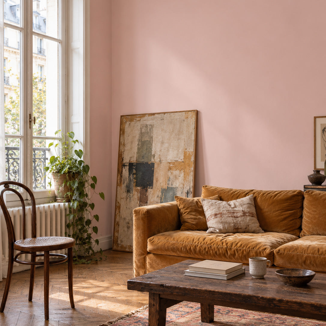 Parisian living room with Poudre Rosé warm blush pink walls, an ochre velvet sofa, vintage rug and weathered wood coffee table.