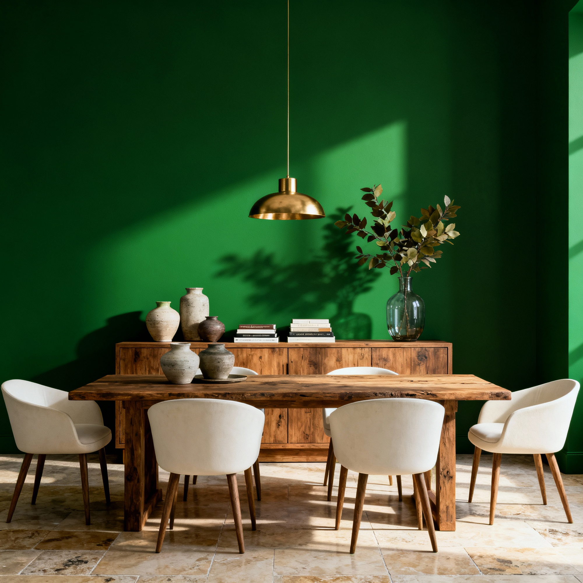 Dining room with wooden table, white chairs, and decorative items against a green wall.