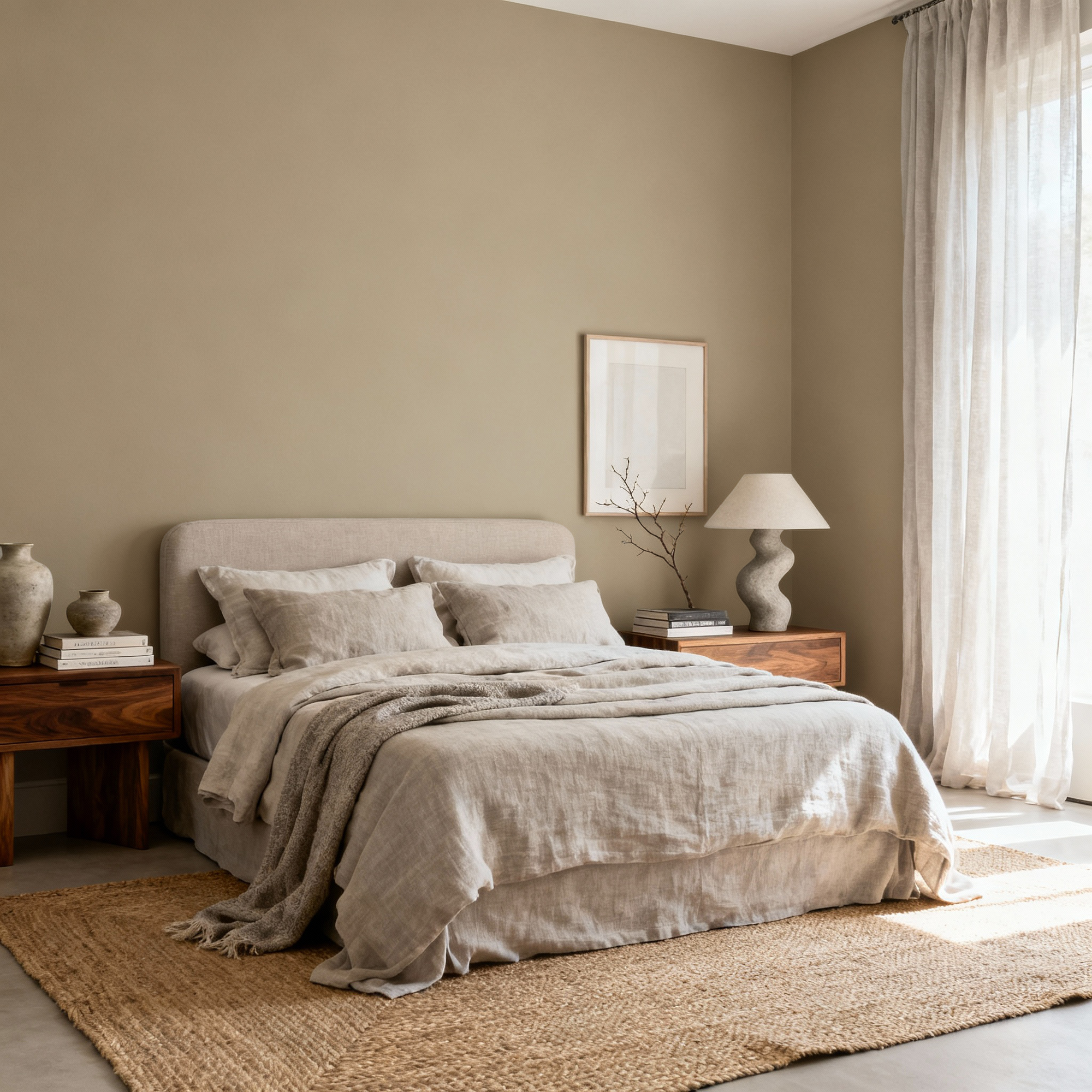 Neatly made bed in a bedroom with neutral tones and minimal decor.