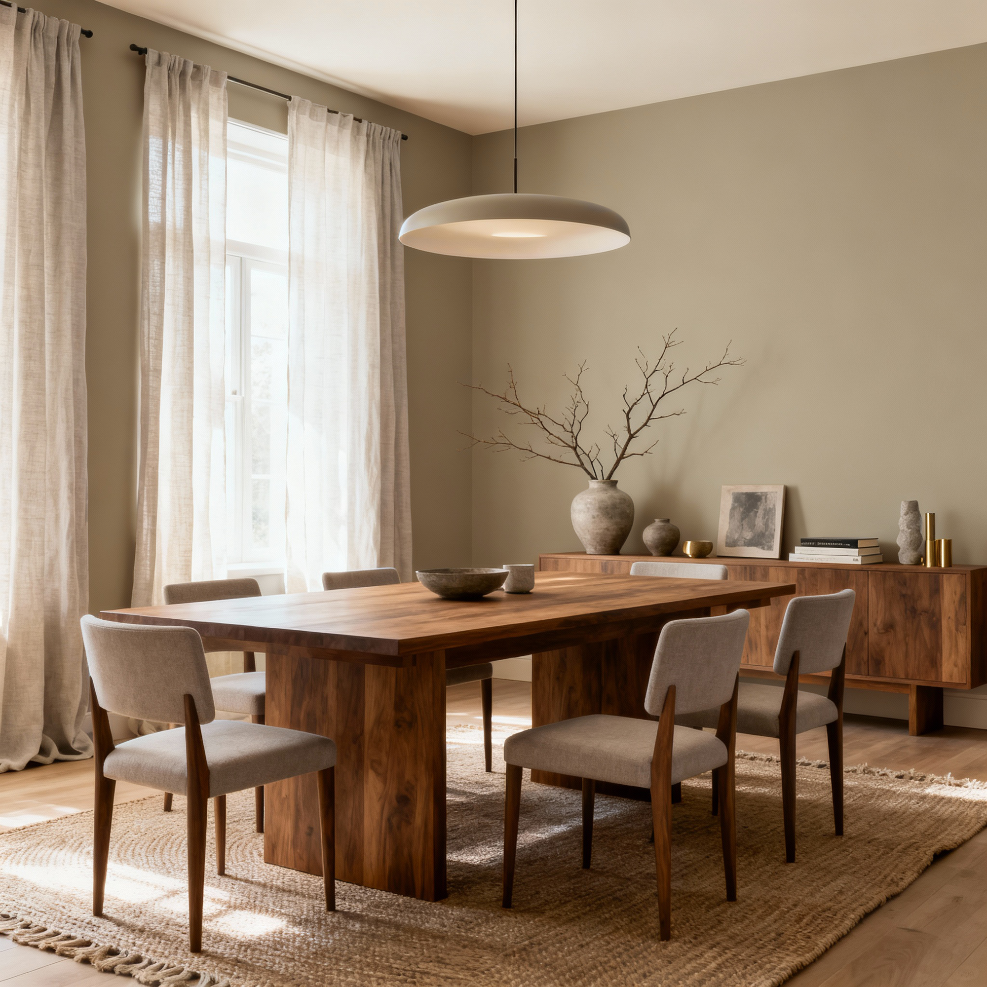 Dining room with wooden table and chairs, large window with curtains, and a sideboard.
