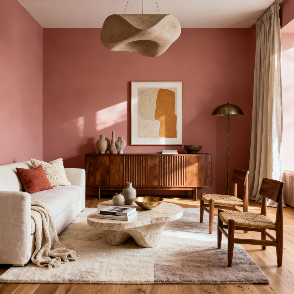 Living room with pink walls, wooden furniture, and abstract art.