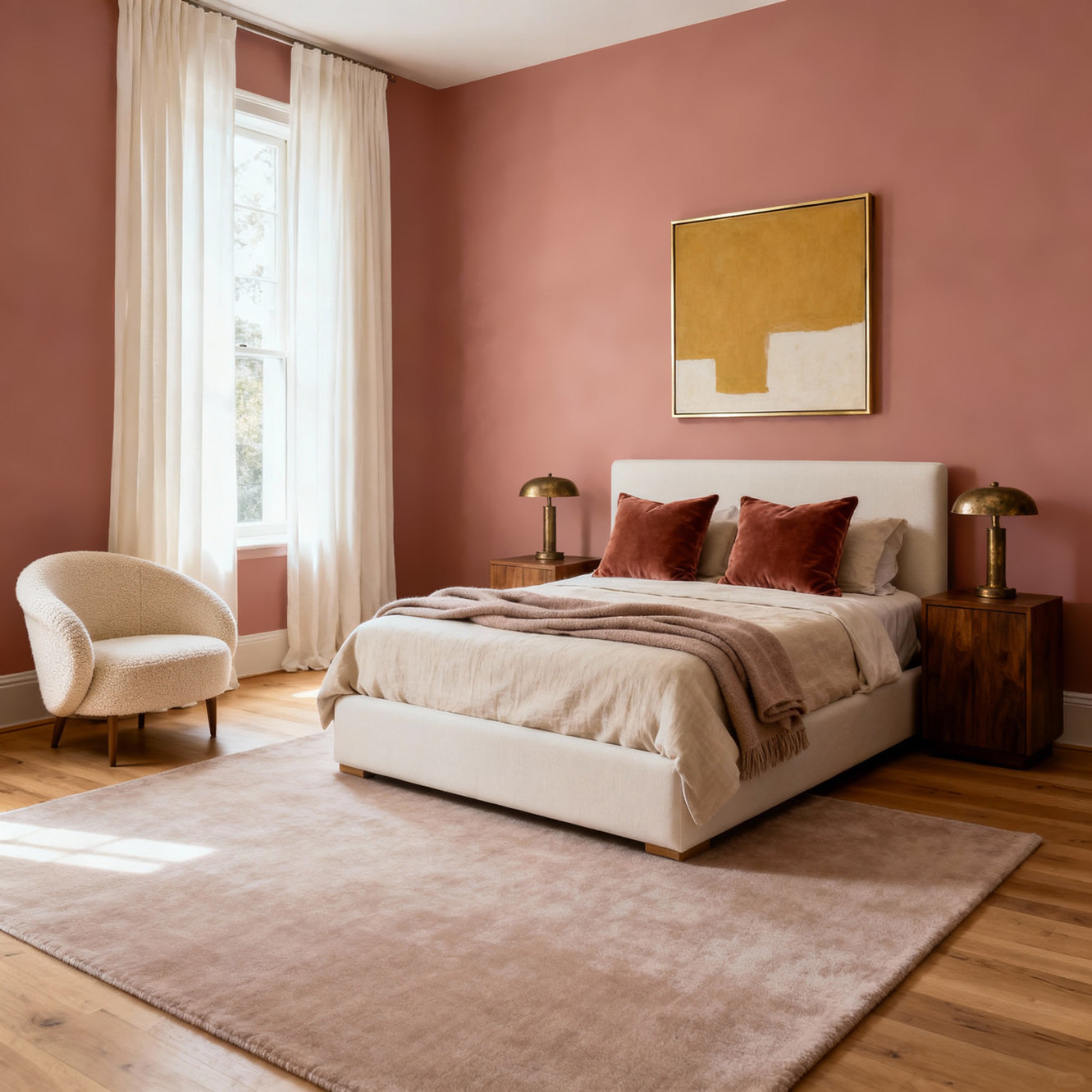 Modern bedroom with pink walls, white bed, and decorative elements.