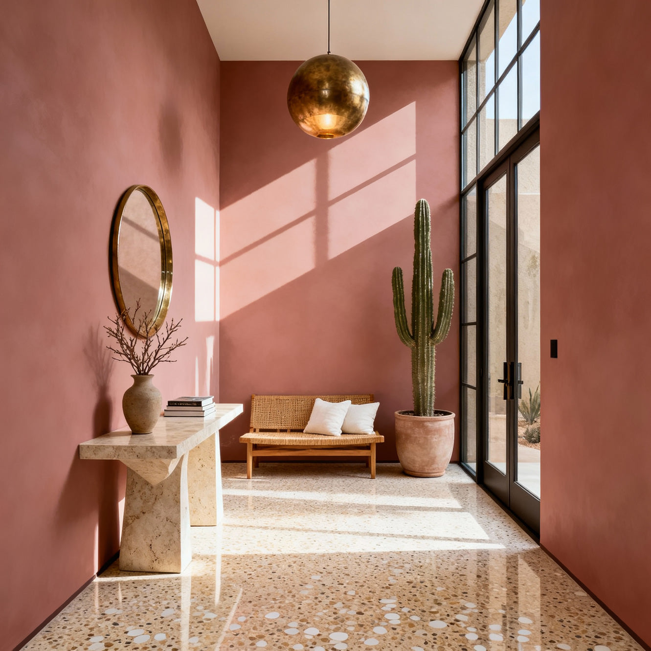 Modern interior with pink walls, a cactus, and a wicker bench.