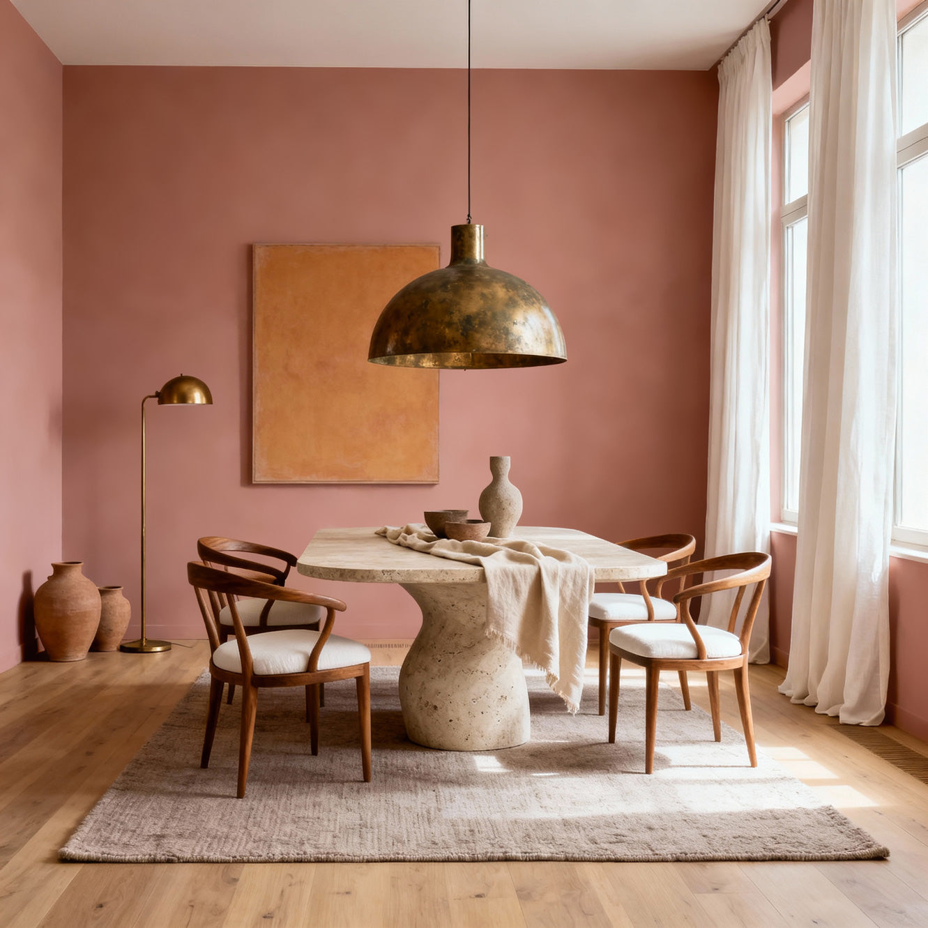 Dining room with pink walls, wooden floor, and a round stone table with chairs.