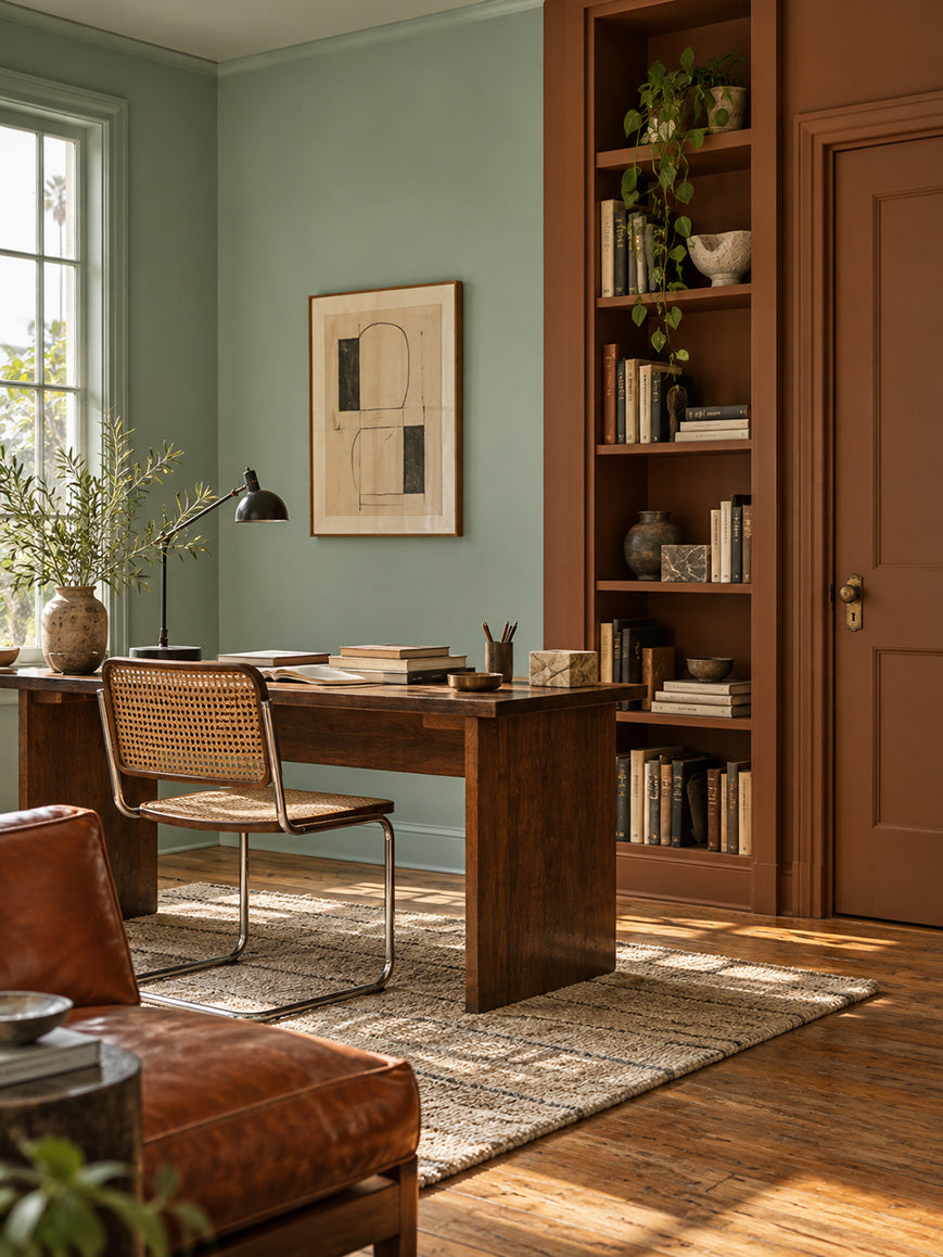Eucalyptus Veil and Bridle Clay balance freshness with earthy richness. The muted green brings breathing room to clay’s warm brown, while the brown gives green a deeper, more grounded character. A pairing for those who love the calm of natural colors but want a little more tension, depth, and individuality.