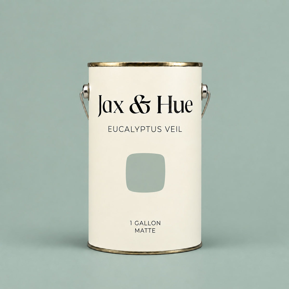 Jax & Hue Eucalyptus Veil soft sage green matte paint gallon on a matching pale green background.