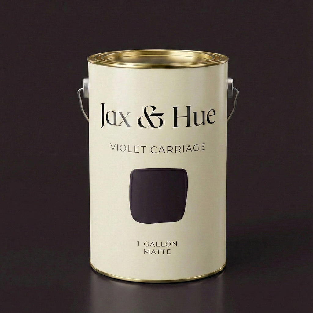 Jax & Hue Violet Carriage paint can, a regal dramatic purple with vintage soul for eclectic interiors.