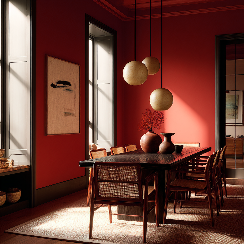 Dining room with red walls, wooden table, and chairs.