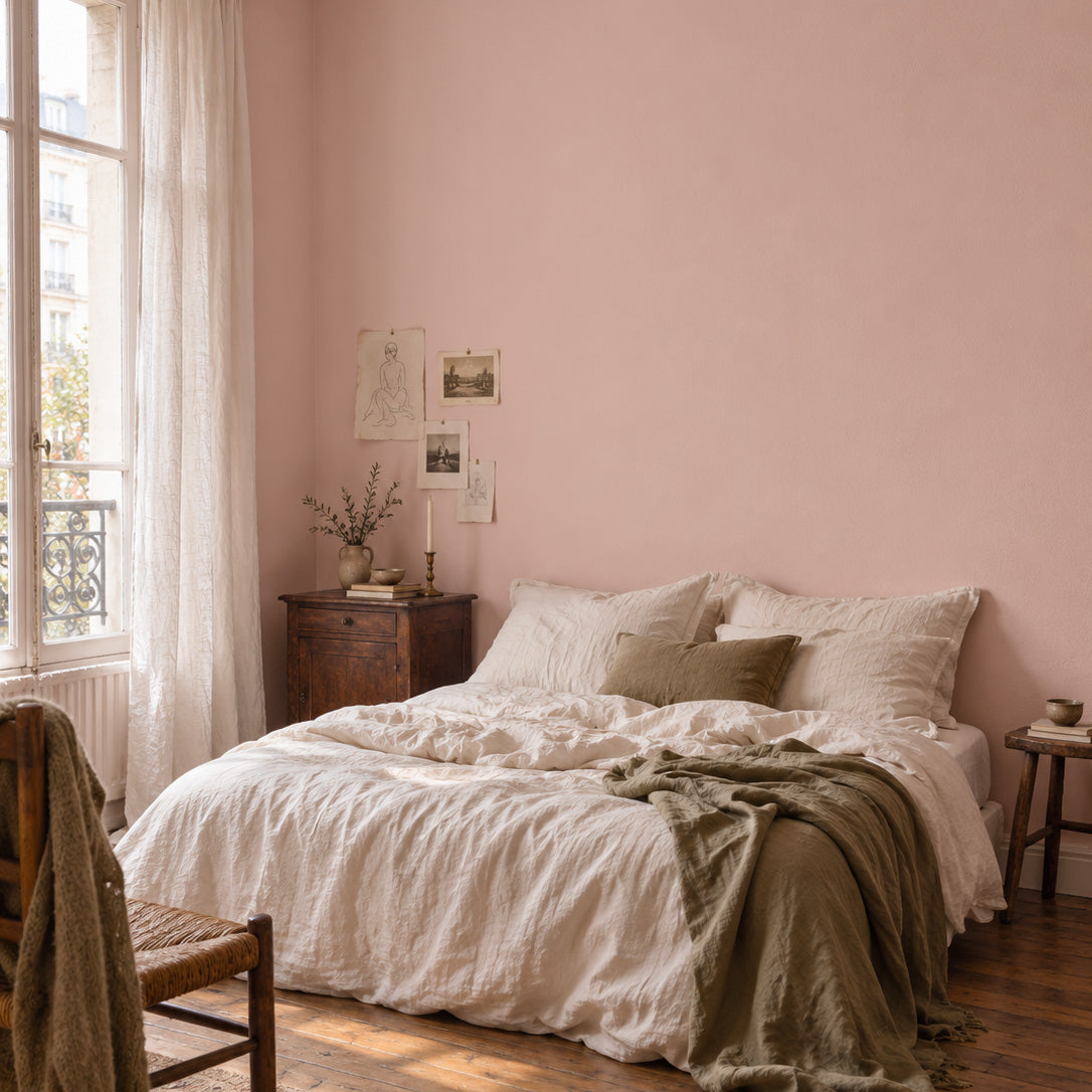 Poudre Rosé pale blush pink bedroom walls with rumpled ivory bedding, an olive throw and vintage wooden furniture.