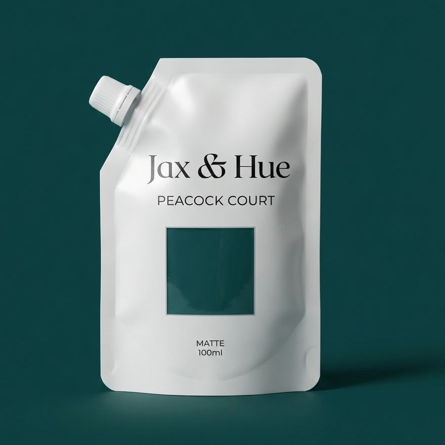 Jax & Hue Peacock Court paint pouch on a dark green background
