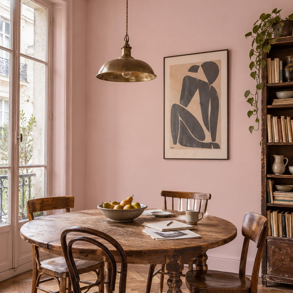Boho Parisian dining room with Poudre Rosé soft pink walls, a vintage wood table, mismatched chairs and collected art.