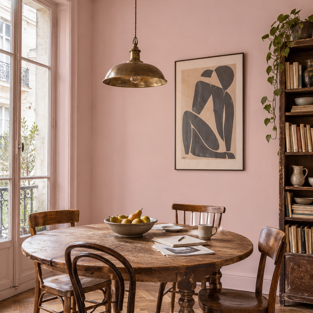 Boho Parisian dining room with Poudre Rosé soft pink walls, a vintage wood table, mismatched chairs and collected art.