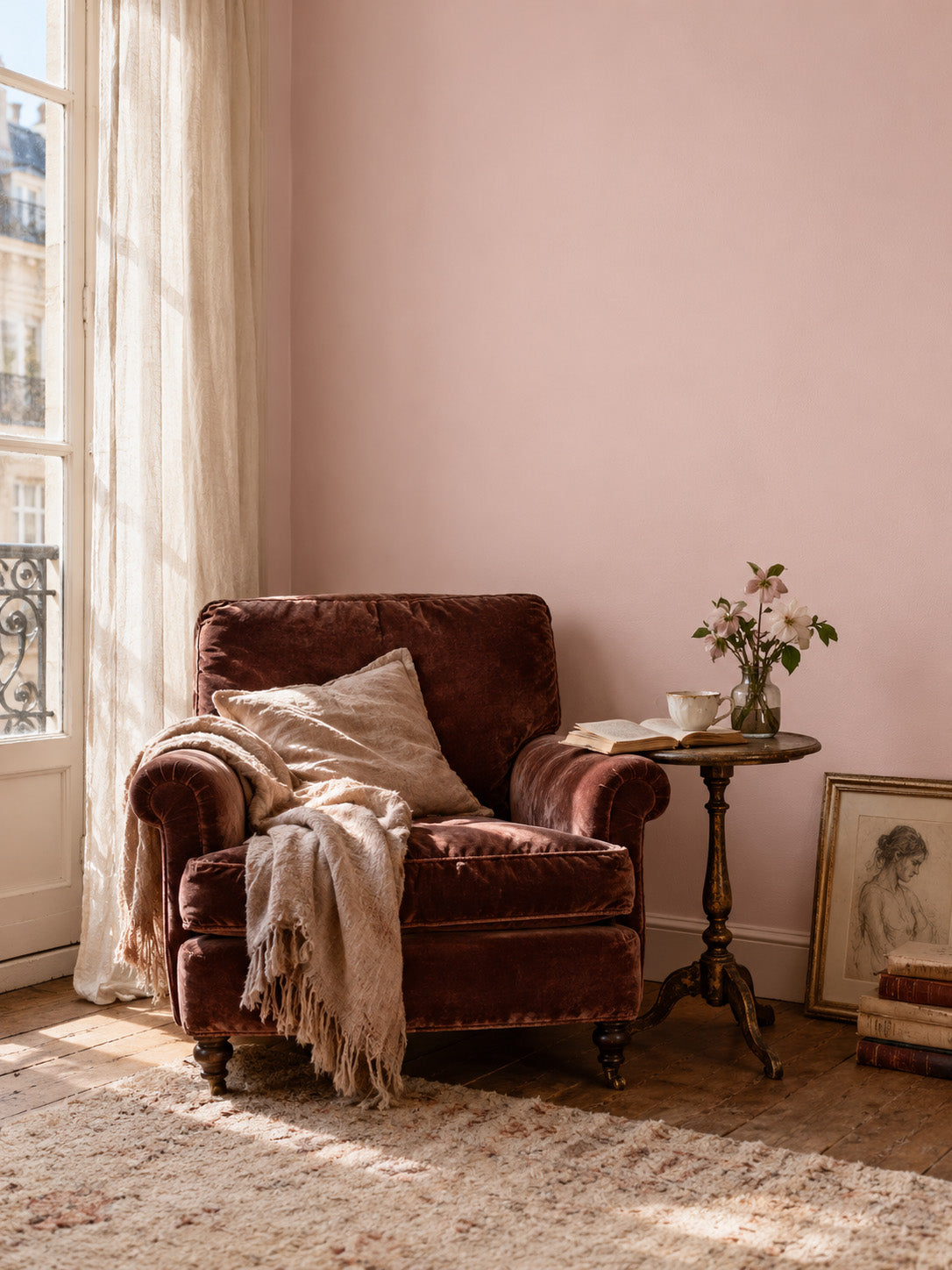 Poudre Rosé muted rose pink walls in a cozy reading nook with a vintage velvet armchair, books and sheer curtains.