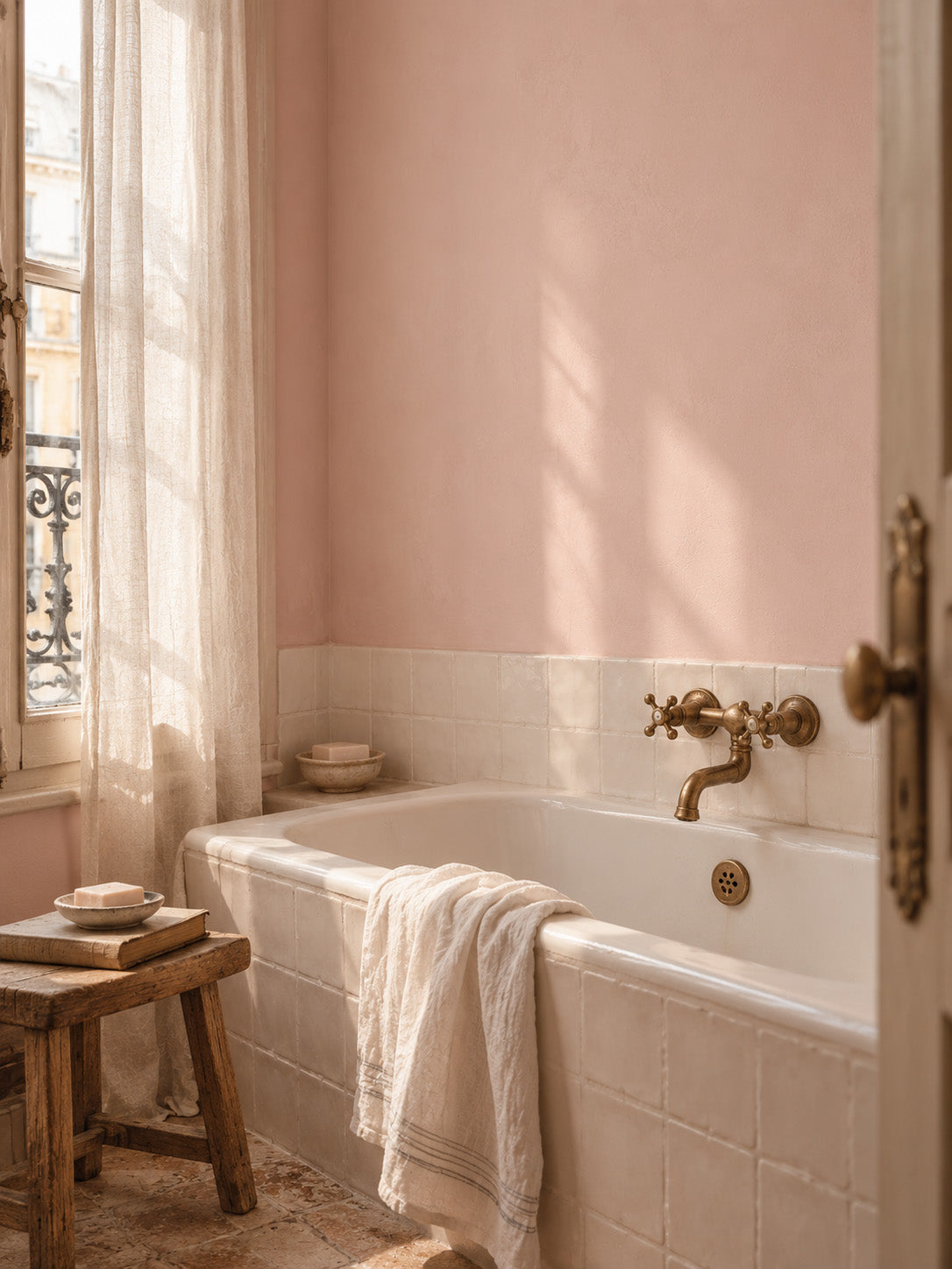 Parisian bathroom with Poudre Rosé warm pale pink walls, ivory tiled bathtub, aged brass fixtures and relaxed linen.