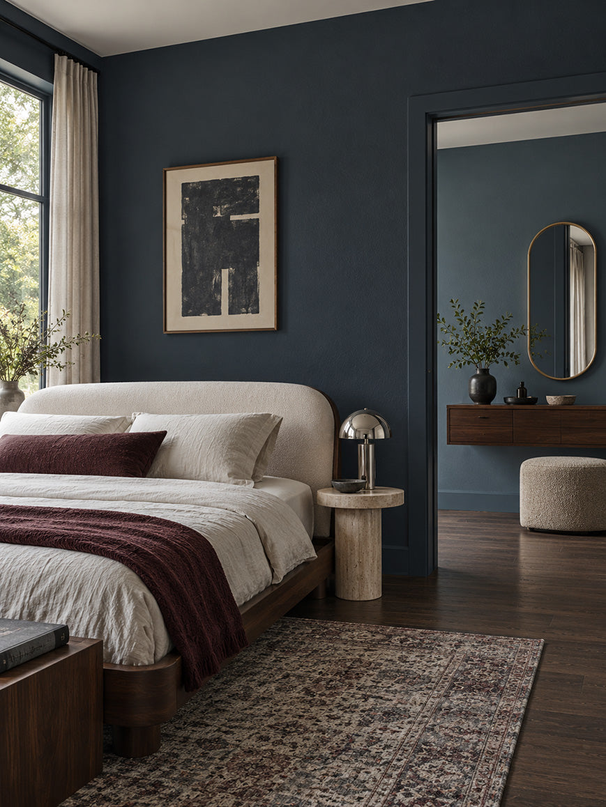 Stillwater Ink and Tempest Slate find their harmony in smoky blue undertones. Tempest Slate eases the intensity of the deeper ink, creating a tonal palette with subtle shifts in depth. Together, they bring the intimacy of dark walls into a flowing scheme, composed, atmospheric, and particularly good company for warm wood and lamplight.