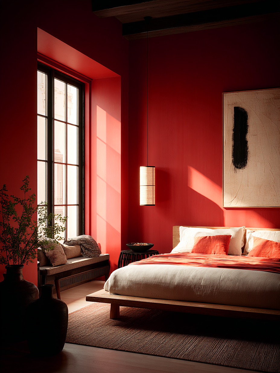 Modern bedroom with red walls, a bed, and decorative elements.