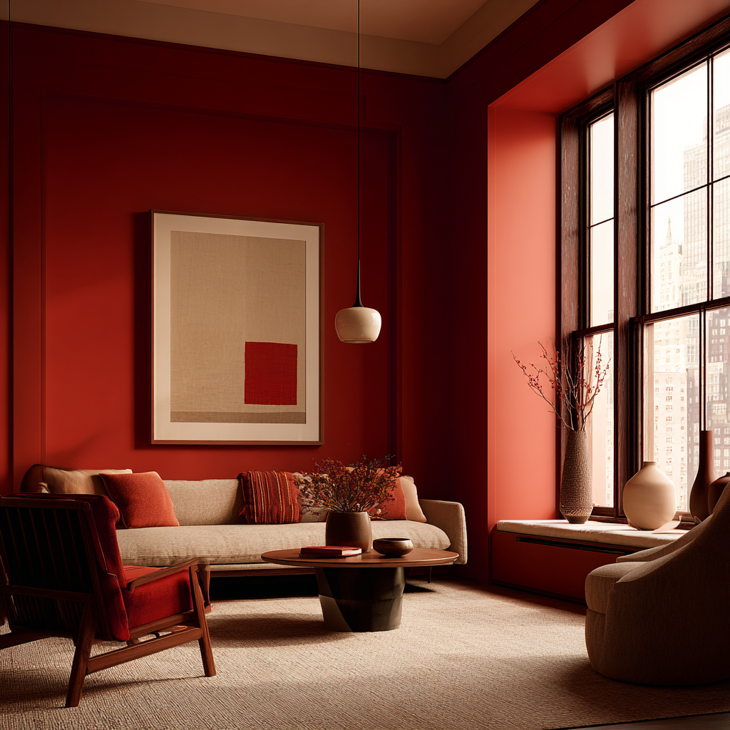 Living room with red walls, a sofa, and a large window.