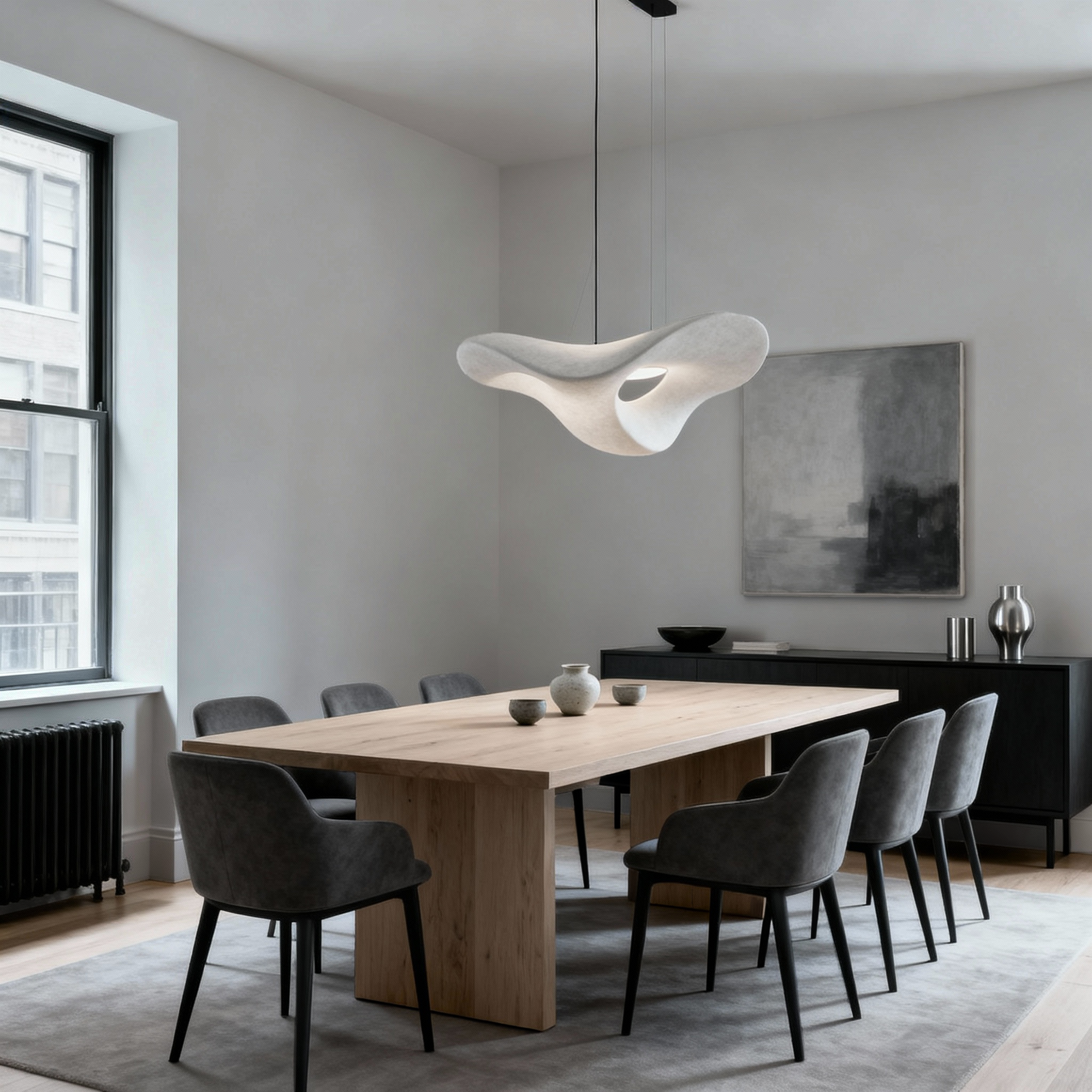 Modern dining room with wooden table and gray chairs, featuring a unique ceiling light fixture.
