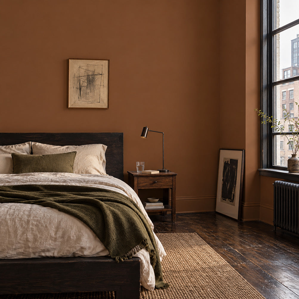 Bridle Clay warm clay brown bedroom walls with cream linen, a deep olive throw, dark wood floors, and city loft windows.