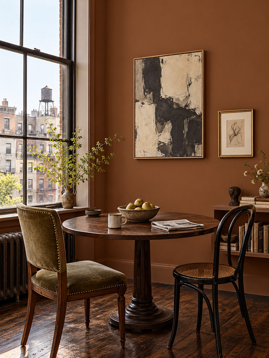Bridle Clay deep reddish brown wall paint in a New York breakfast nook with a dark wood table, olive chair, and framed art.