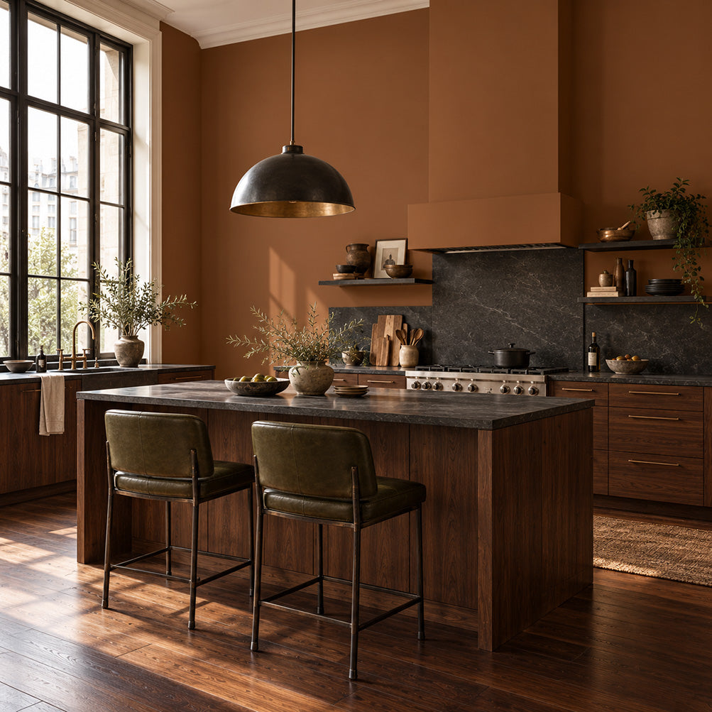 Bridle Clay warm brown kitchen wall paint paired with dark walnut cabinets, charcoal stone counters, and olive leather stools.