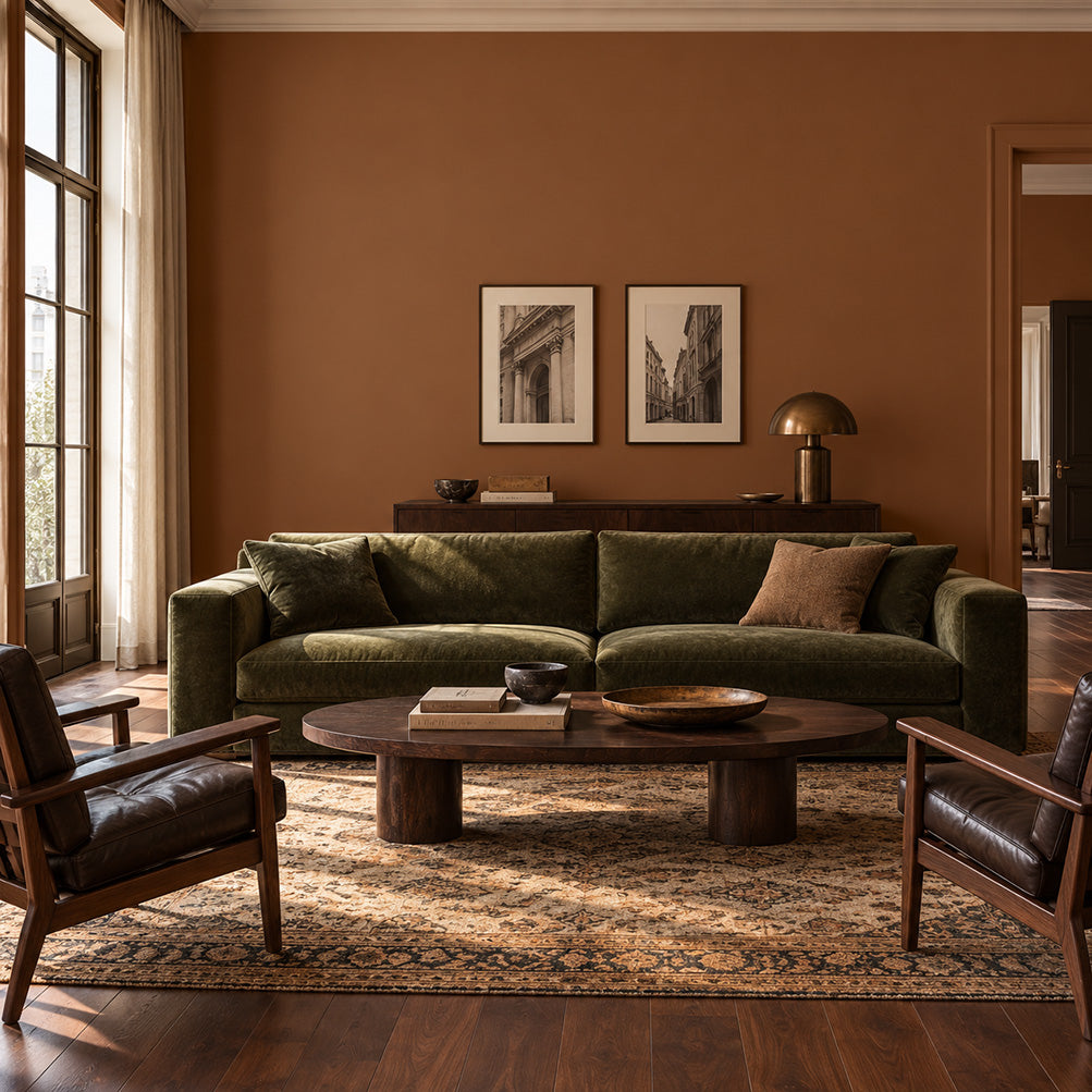 Bridle Clay deep clay brown living room walls with an olive sofa, dark wood floors, leather chairs, and framed art.