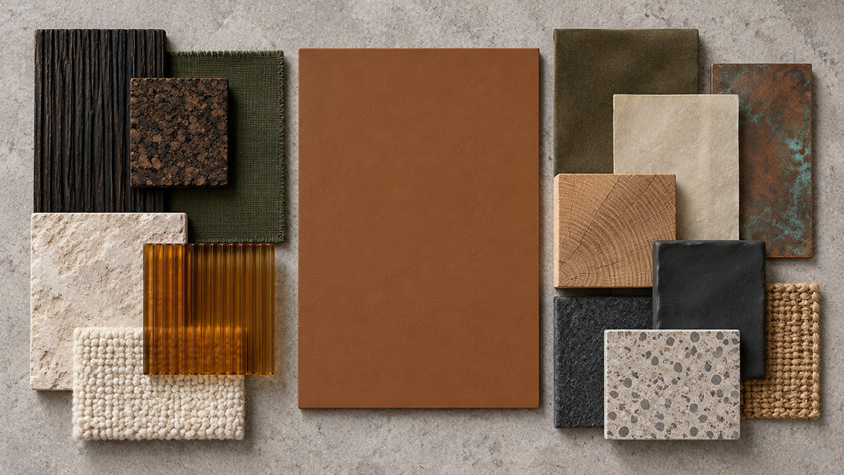 Bridle Clay deep warm brown paint sample with olive textiles, ribbed dark wood, limestone, copper, amber glass, and terrazzo.