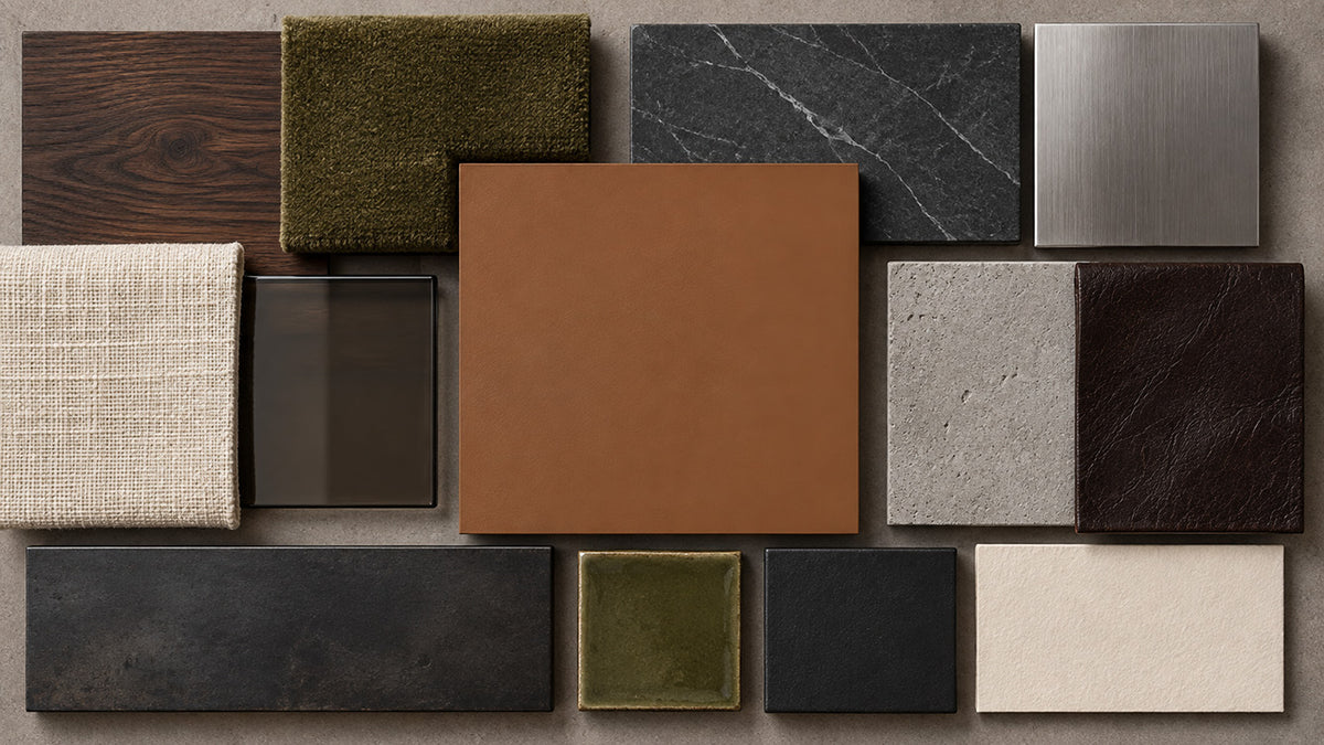 Bridle Clay earthy brown paint sample centered among dark walnut, olive fabric, charcoal stone, steel, leather, and linen.