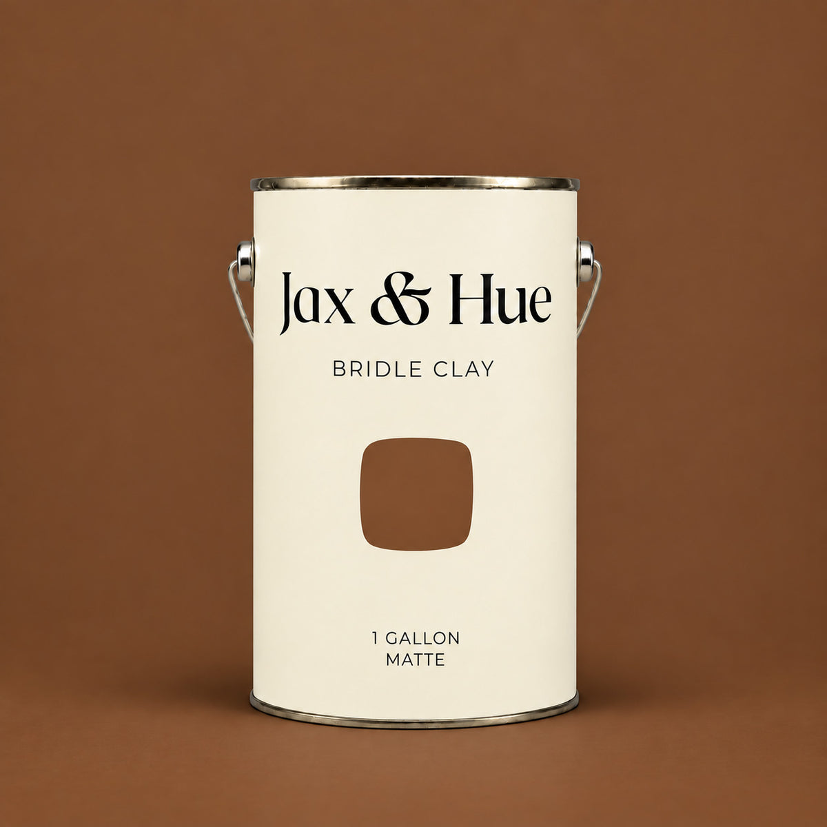 Jax & Hue Bridle Clay one-gallon Signature Matte interior paint can with a deep warm reddish brown color swatch.