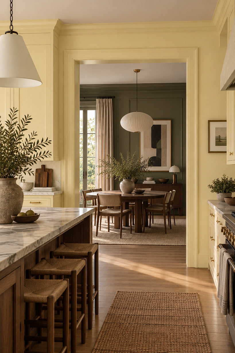 Butter Glen and Olive Stone share an earthy warmth that makes yellow feel sophisticated and green feel inviting. The buttery hue lifts the olive’s depth, while the olive gives yellow a grounded edge. Together, they bring warmth and character to adjoining rooms, with enough contrast to give each space its own identity.