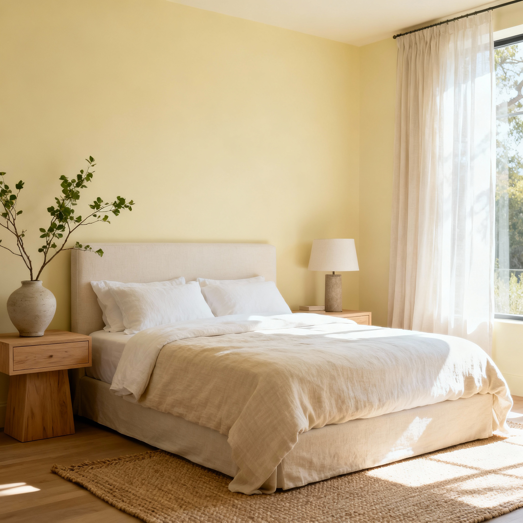 Neatly made bed in a bright bedroom with yellow walls, wooden nightstands, and a lamp.