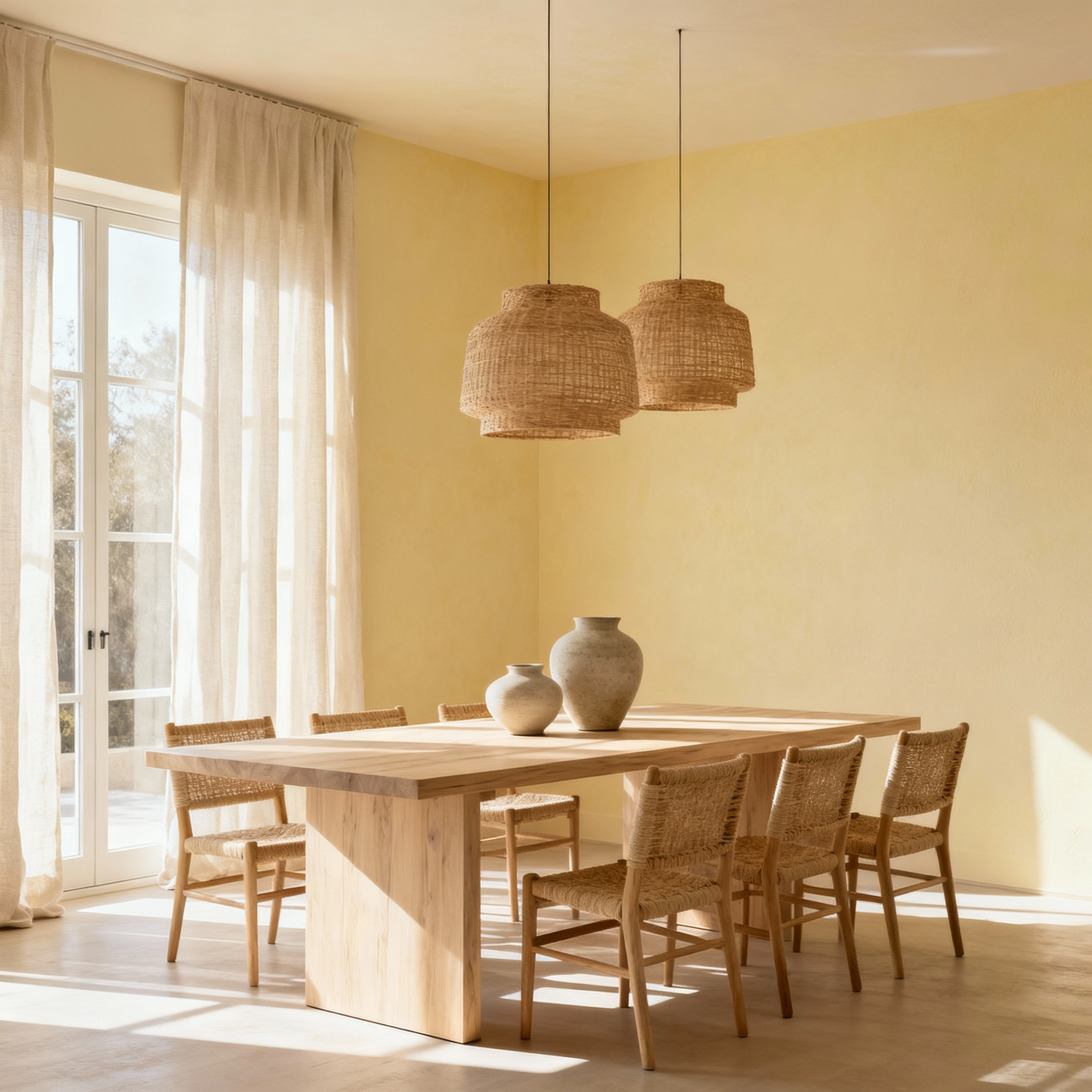 Dining room with wooden table and chairs, pendant lights, and a vase.