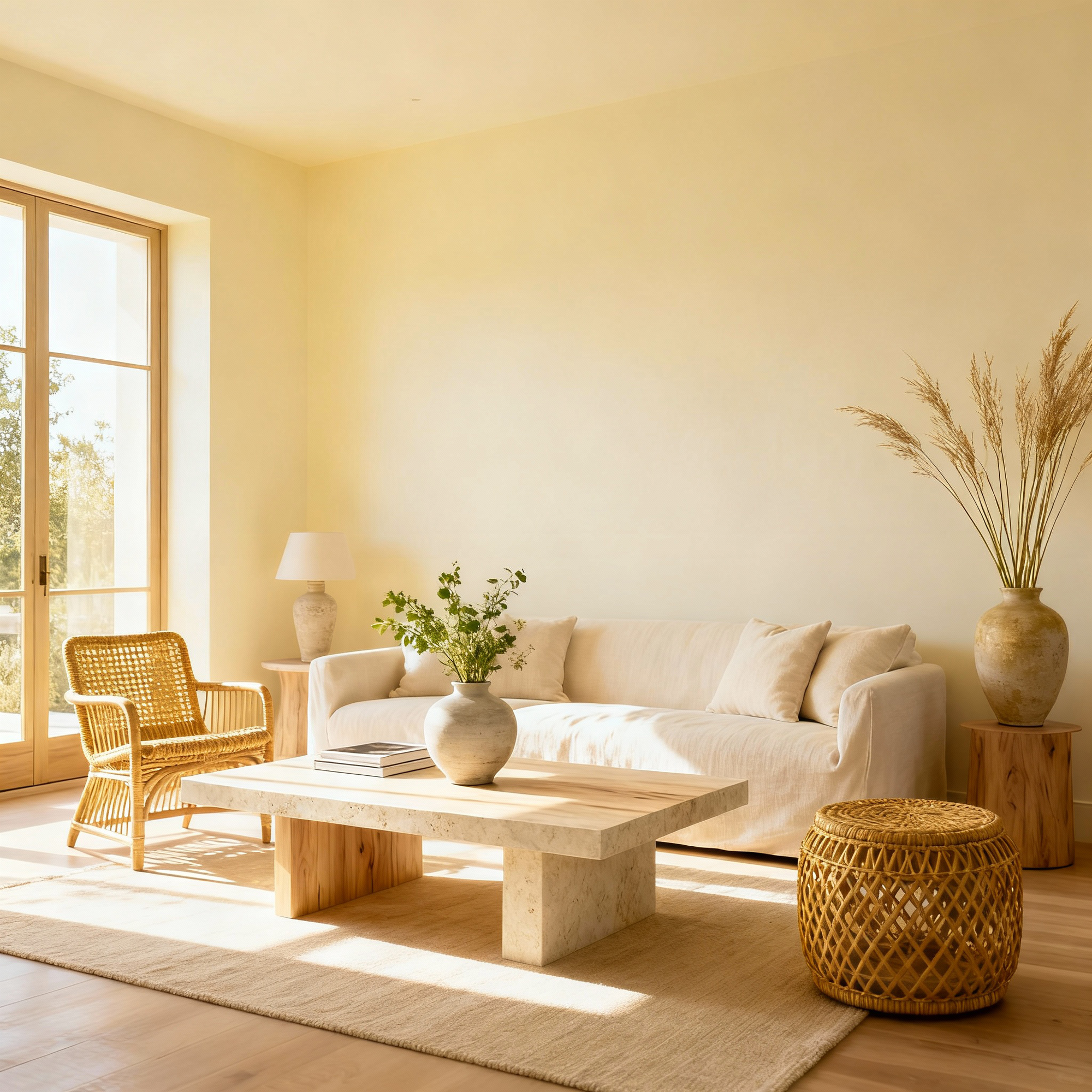 Modern living room with beige walls, wooden furniture, and decorative plants.