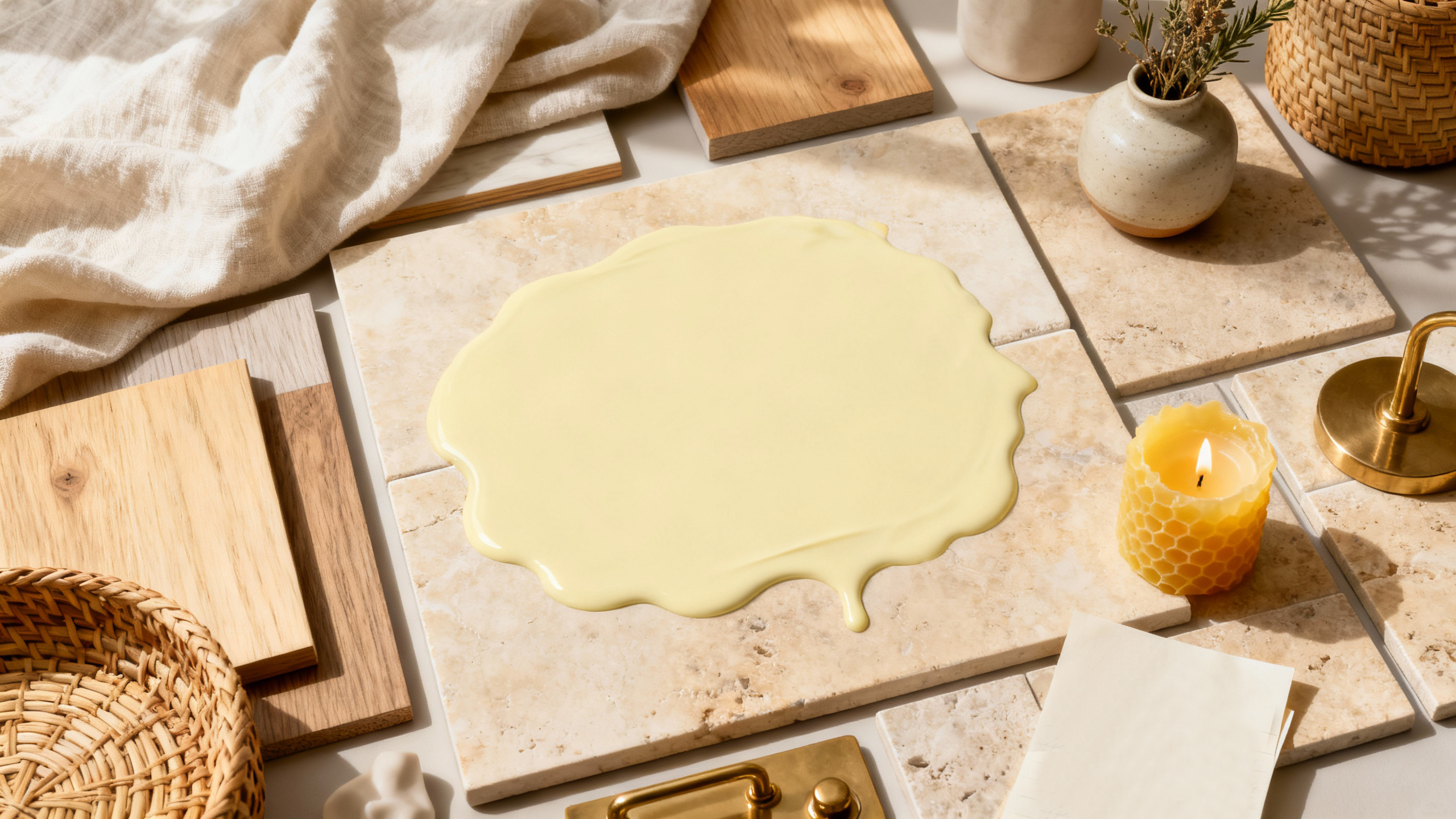 Butter on a stone surface with wooden boards, a candle, and a woven basket in the background.