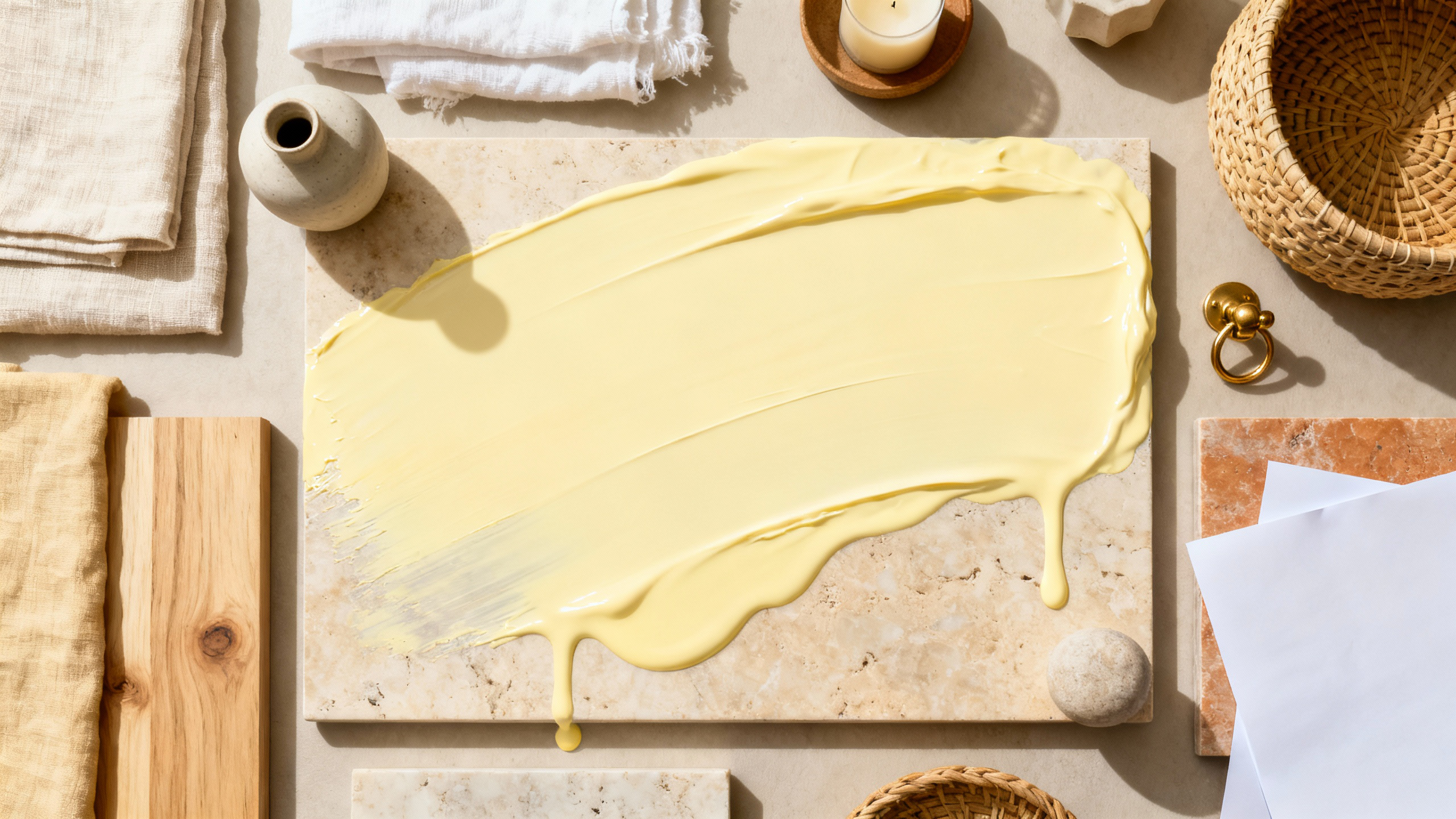 Yellow spreadable substance on a stone surface with wooden and woven elements.
