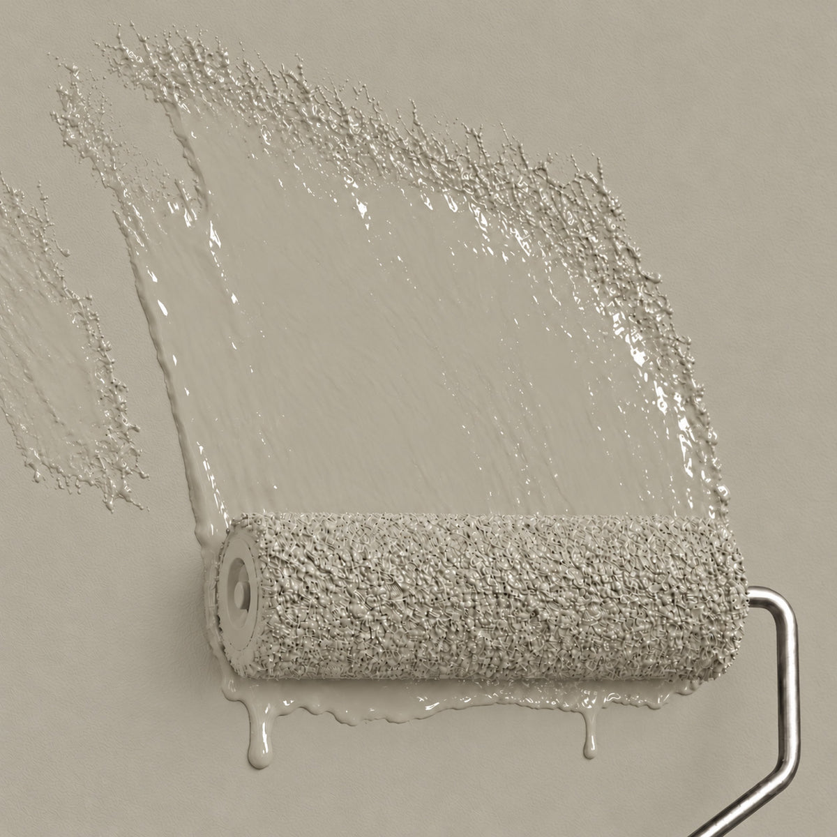 Paint roller coated in Cast Linen warm greige paint, showing the soft linen-like neutral on a wall.