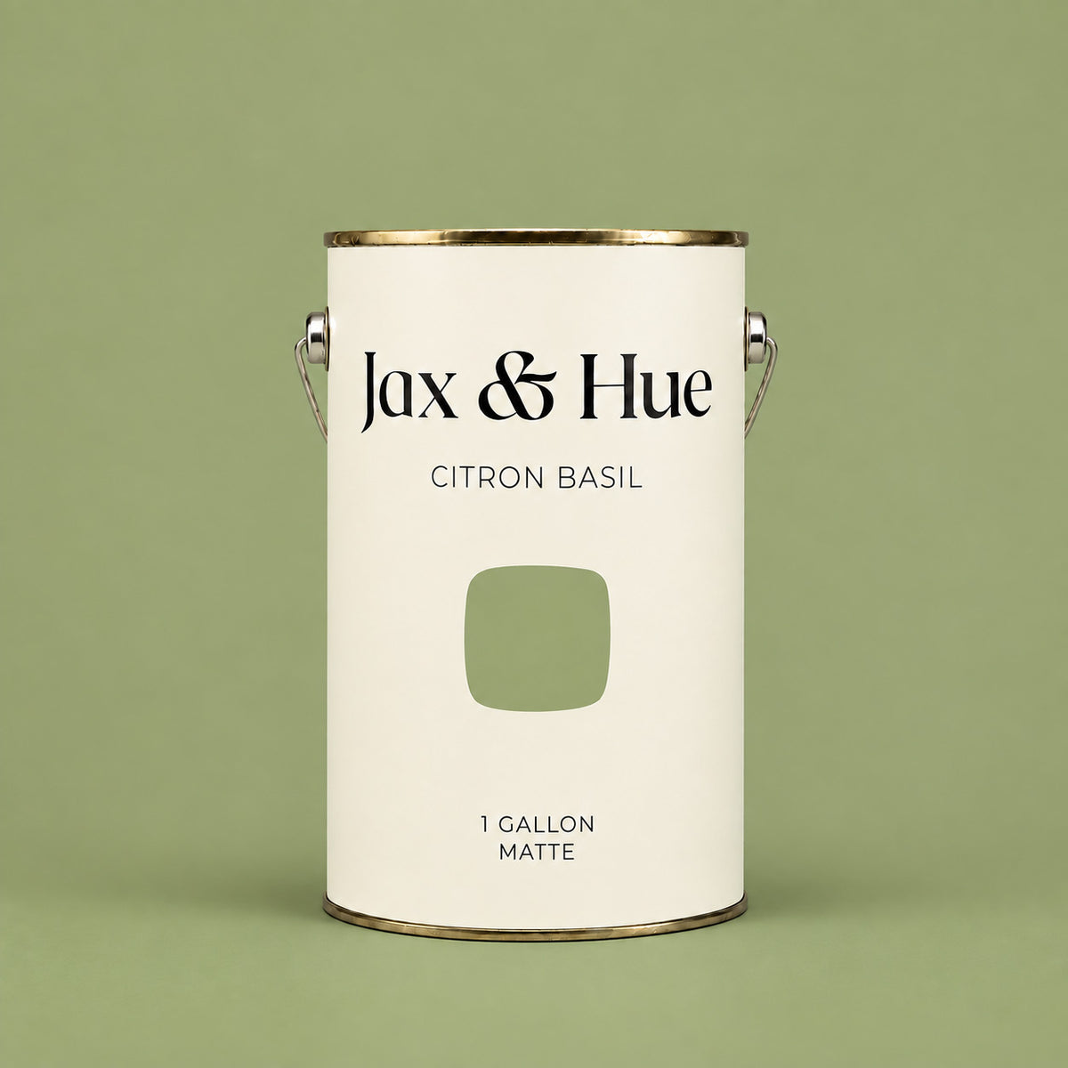 Jax & Hue Citron Basil fresh yellow-green matte paint gallon on a matching green background.
