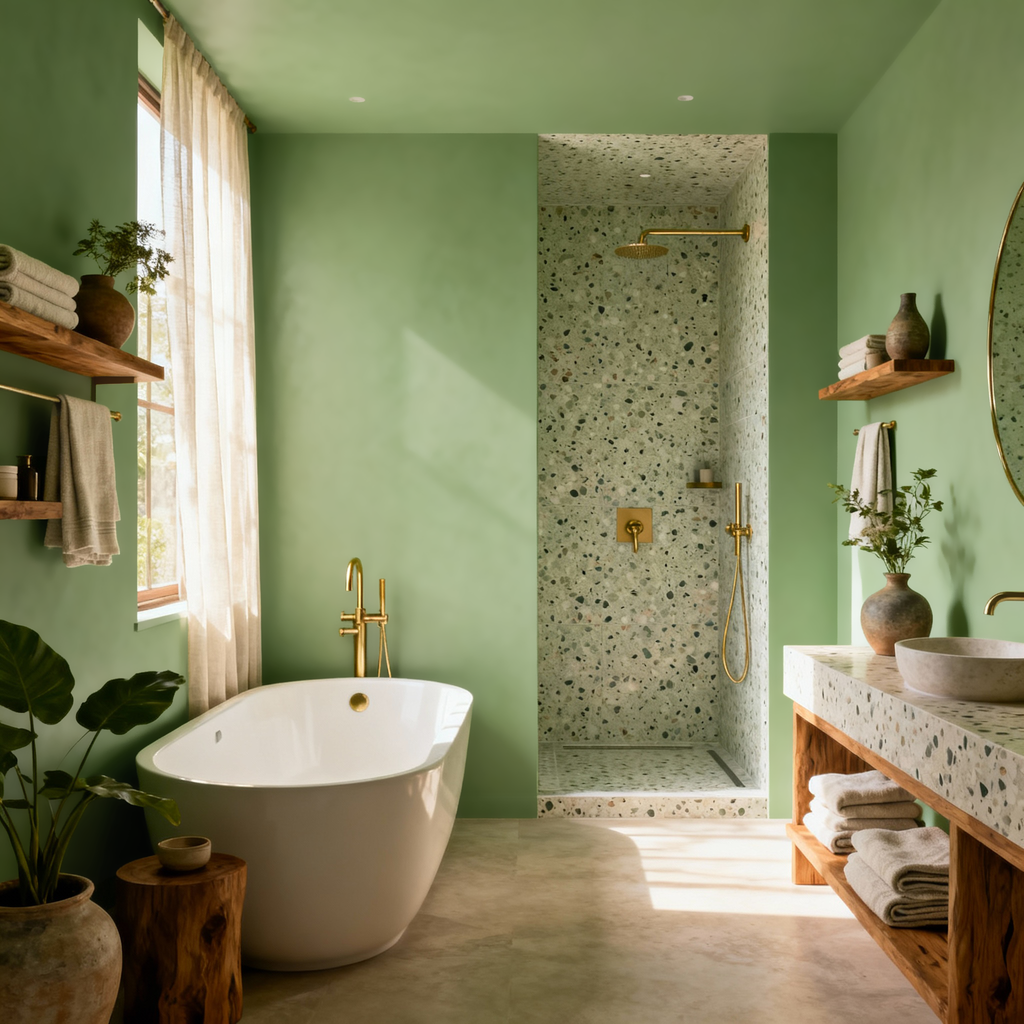 Modern bathroom with green walls, a freestanding bathtub, and a shower area.