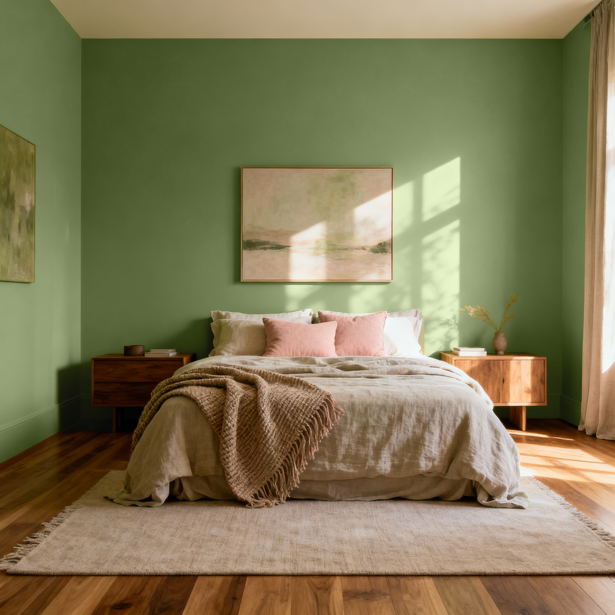 Cozy bedroom with green walls, wooden furniture, and a bed with pink pillows.