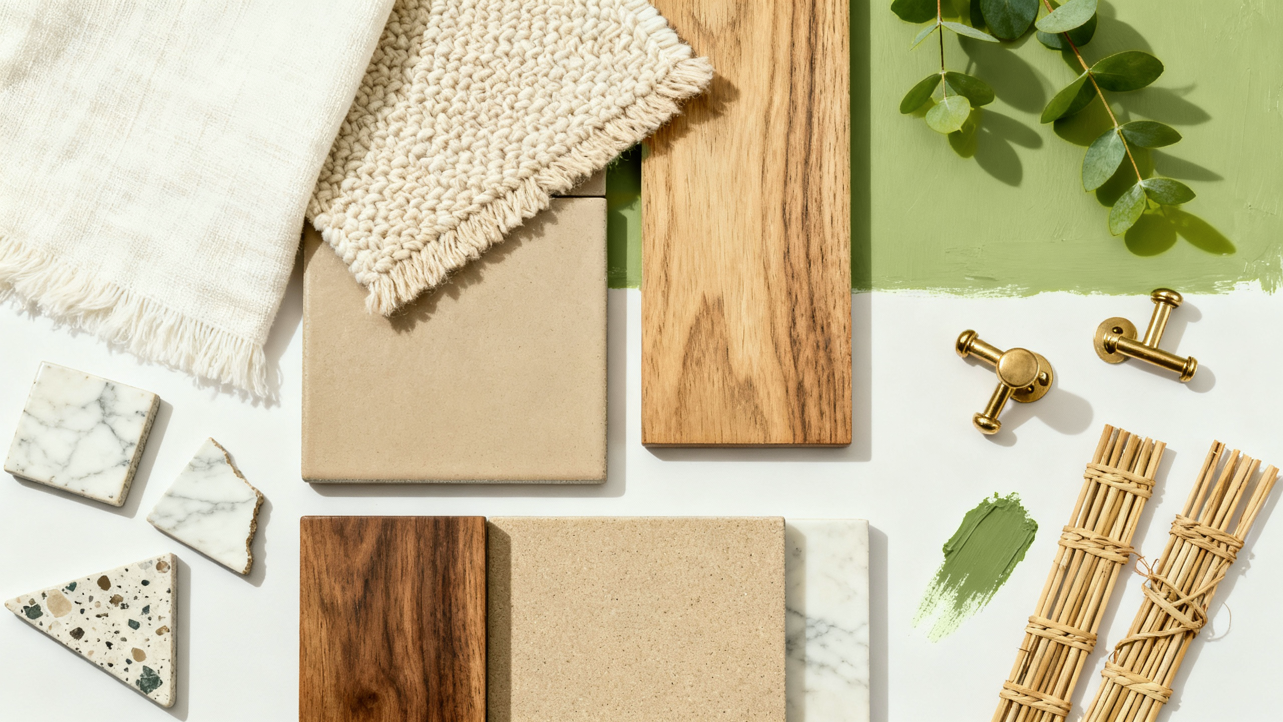 Collection of natural materials including wood, stone, and fabric on a white background.