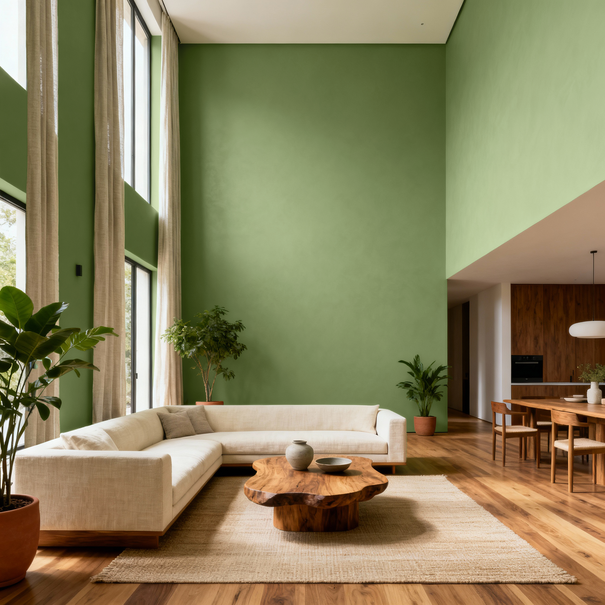 Modern living room with green walls, wooden floor, and a sectional sofa.