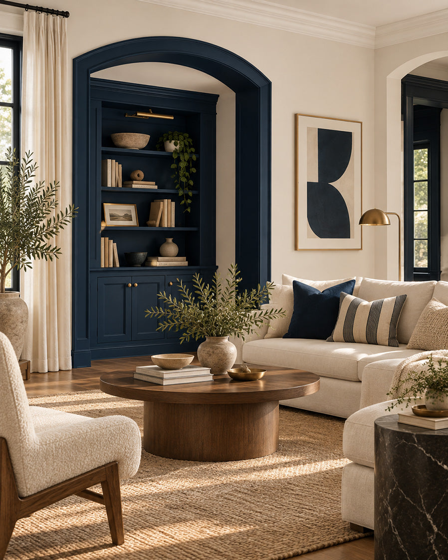 Cloud Milk and Midnight Wharf make a compelling case for contrast. The soft white gives deep navy room to breathe, while the navy lends definition and richness to the lighter hue. Across adjoining rooms, they create a shift from airy to intimate, a classic pairing with an assured, modern presence.