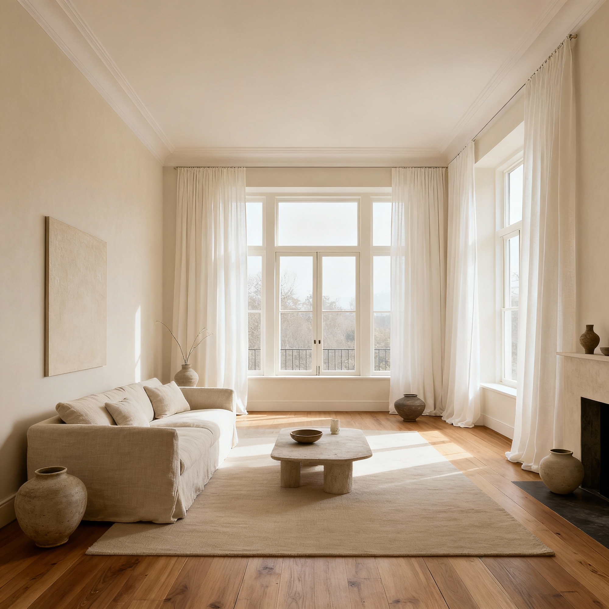 Modern living room with neutral decor, large and windows.