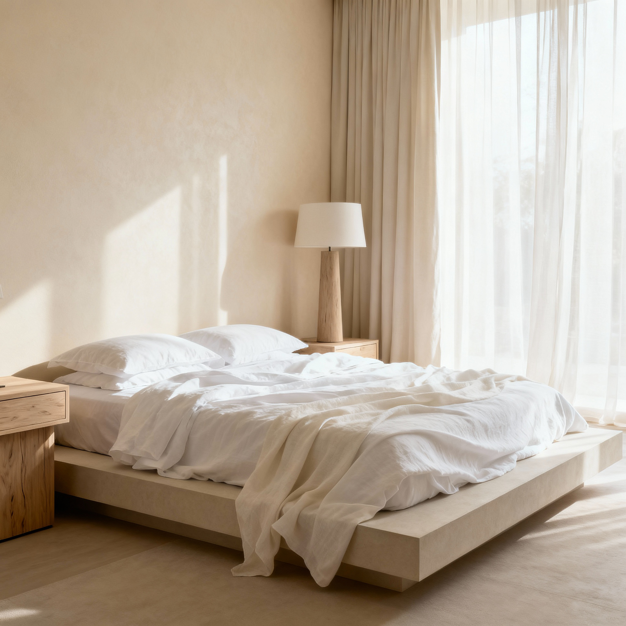 Neatly made bed in a bright bedroom with natural light