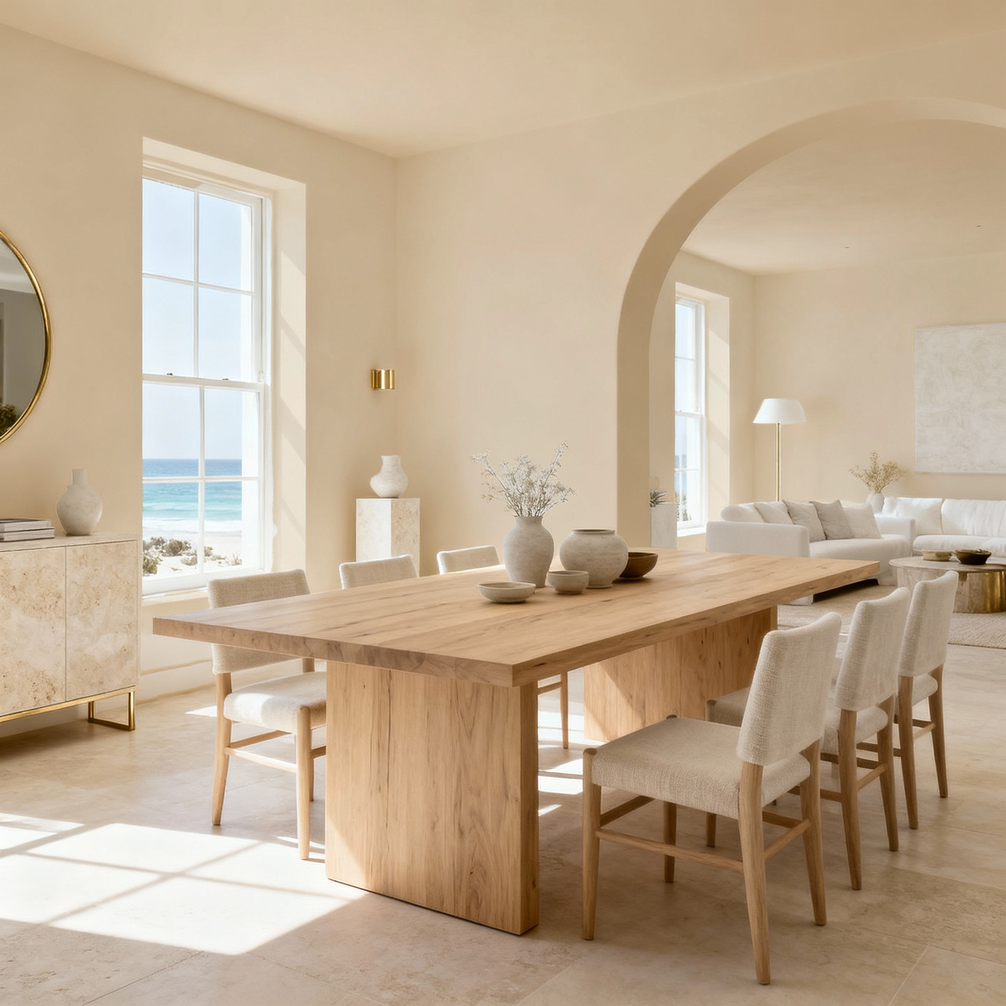 Modern dining room with wooden table and chairs in a bright, sunlit room.