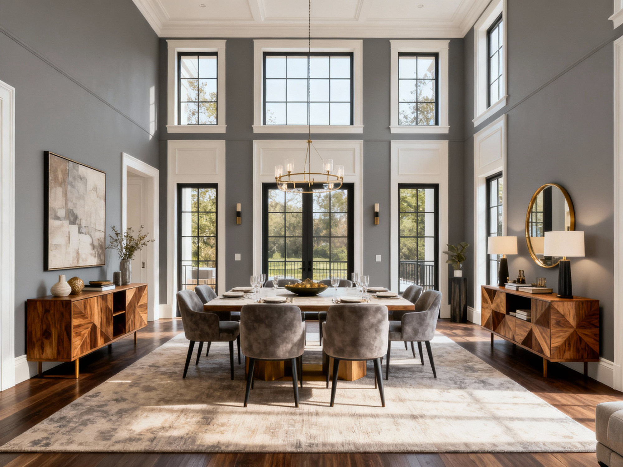 Modern dining room with wooden furniture, large windows, and a chandelier.