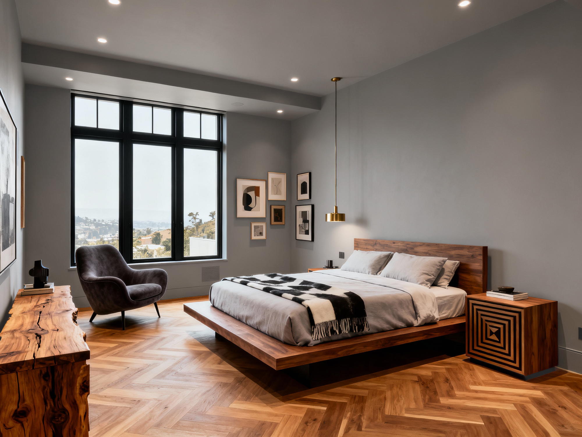 Modern bedroom with wooden platform bed, gray walls, and large windows.