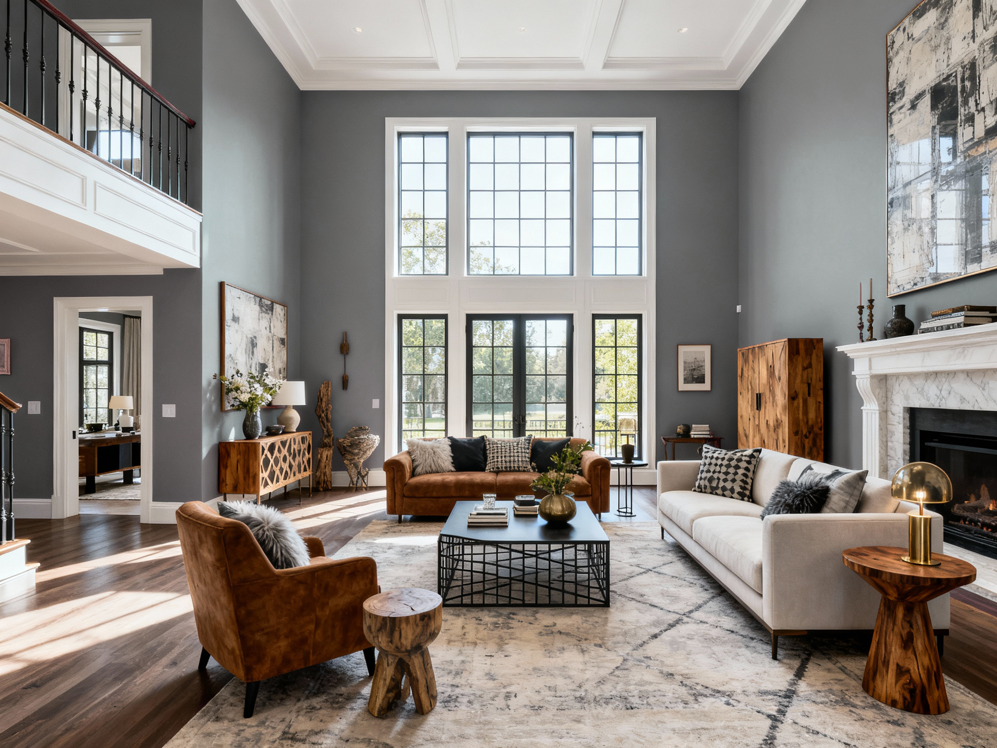 Living room with gray walls, brown armchair, white sofa, and large windows.